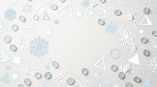Abstract winter background with blue snowflakes and geometric shapes