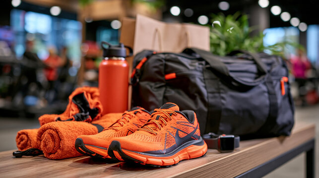 Black Friday sports shopping concept with unbranded running shoes, fitness accessories, water bottle, gym bag and smartwatch arranged on a modern bench, clean athletic environment, dramatic commerci