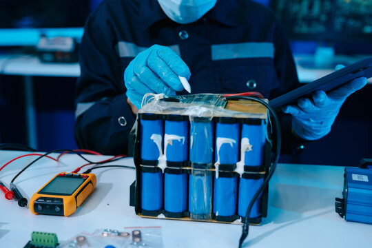 Engineer testing a battery pack with a multimeter in a high-tech lab, exploring BMS, renewable energy storage, electrical testing, clean power, and battery innovation.