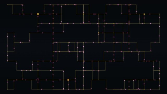 Glowing circuit pathways on a black background suggest a looping digital schematic animation.