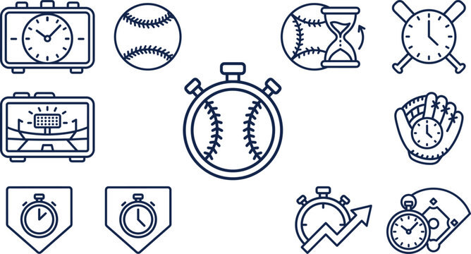 Baseball Sports Analytics and Match Time Management Line Icon Set Featuring Stopwatches Clocks Fields Mitts and Bats for Athletic Tournaments Vector Illustration