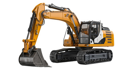 Yellow hydraulic crawler excavator with metal bucket and black tracks © Bastien