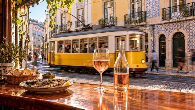 Portuguese Vinho Verde ros&eacute; wine with grilled sardines and rustic bread at a Lisbon street bar, as a yellow tram passes azulejo facades, celebrating Portuguese Culinary Immersion and slow tourism.