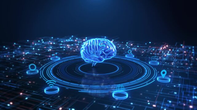 Metallic blue brain anchors network interface grid bright data points, service icons arranged around base. futuristic AI animation intelligent processing, connected applications digital communication.