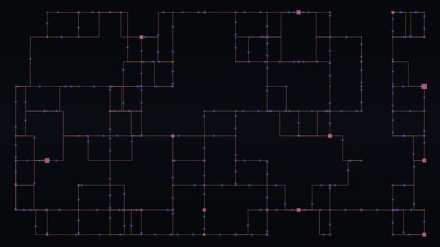 A dark digital background displays a looping network of connected lines and glowing nodes.