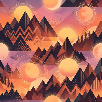 Geometric mountain and sunset abstract seamless pattern design