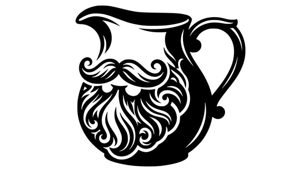 Black ornate pitcher vector silhouette with swirling curly mustache and decorative beard pattern, vintage bearded jug illustration for brewery and tavern isolated on white background