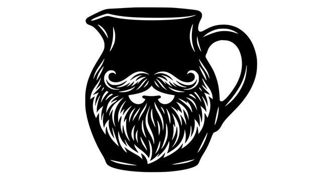 Black round pitcher vector silhouette with handlebar mustache and thick textured beard, rustic bearded jug illustration for brewery and kitchen isolated on white background