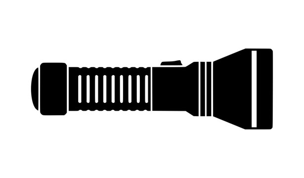 Black flashlight vector silhouette in side view with ribbed grip handle, switch and wide lens head, portable torch lighting tool illustration isolated on white background