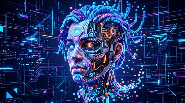 Cybernetic human head with glowing eyes and digital circuit board patterns on a dark blue background, ai tech