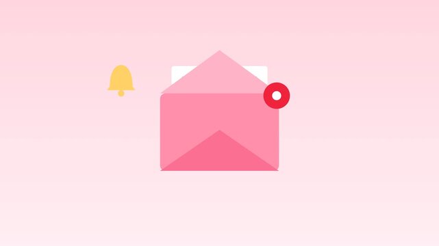 Email notification animation with opening envelope, letter and red alert badge
