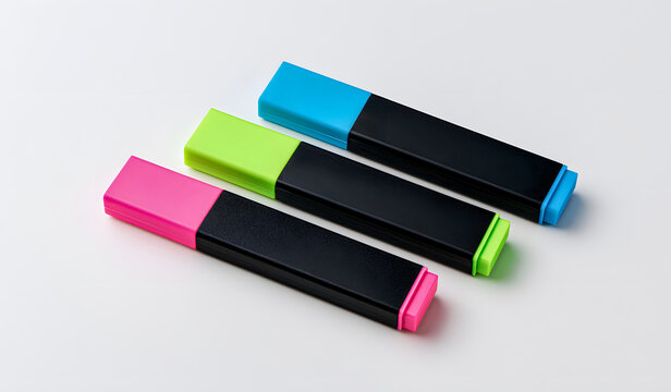 Three rectangular neon highlighters in pink, green, and blue with black bodies lying on a white background, representing office stationery, school supplies, study tools, and highlighting pens.