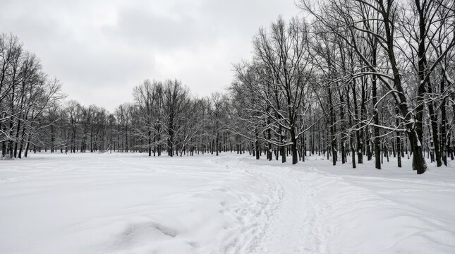 A serene winter landscape features a vast snow covered field and the silhouettes of bare trees under a cloudy gray sky