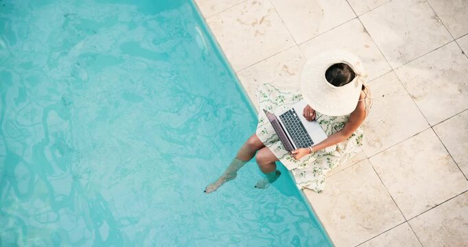 Woman, laptop and remote work at resort with pool, internet or digital nomad with copywriting career. Above, space and person outdoor at hotel with computer, freelance copywriter job and online blog.