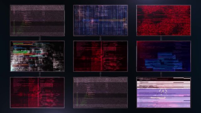 Monitors display warning messages, distorted code blue skull backdrop. Glitch animation cyber threats, system compromise and data errors, suited to security training, incident reports tech videos.
