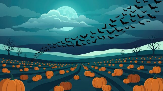 Flock of birds flying over pumpkin field at dusk