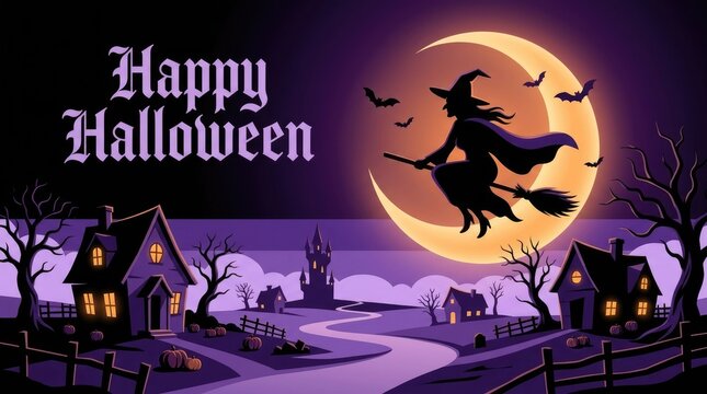 Happy Halloween witch flying over haunted village at night