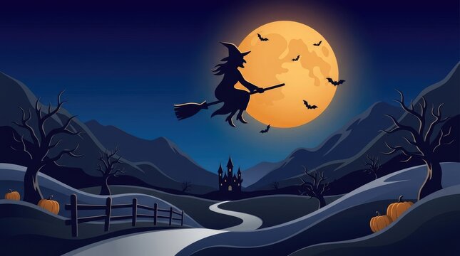 Witch flying on broomstick under a large moon at night