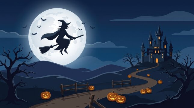 Witch flying on broomstick under a full moon with jack o lanterns