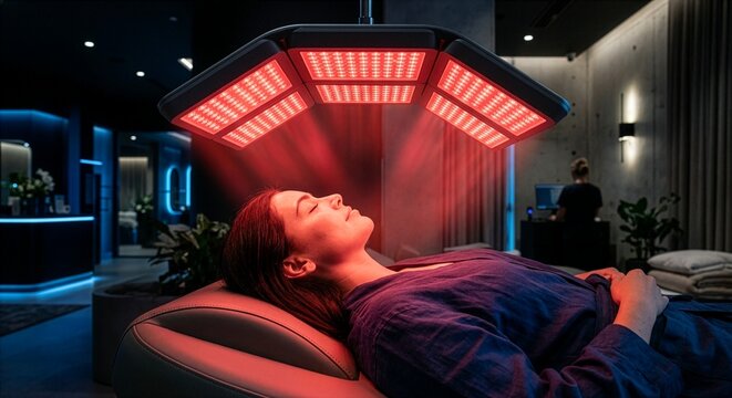 A woman lies in the healing red light of an advanced photobiomodulation panel. A futuristic biohacking clinic.

