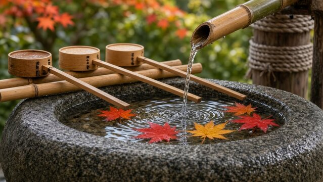 Japanese shrine purification water basin with bamboo ladles and autumn maple leaves