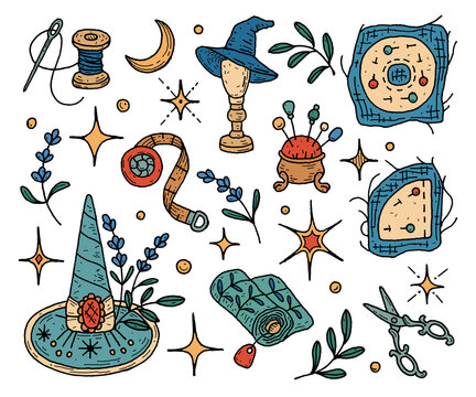 Hand-drawn icon set illustration of vintage magic hat atelier isolated on transparent background for witchy millinery, sewing studio, craft, tailoring stickers, wizard design, game UI, RPG inventory.
