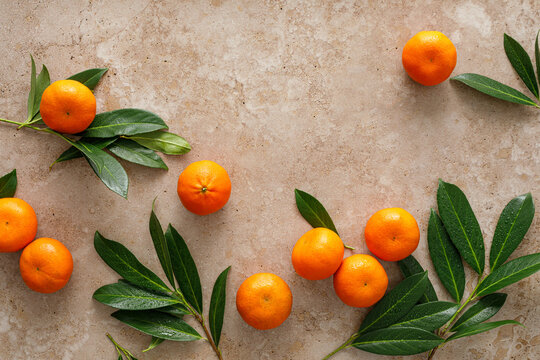 Mandarins fresh citrus fruit with green leaves