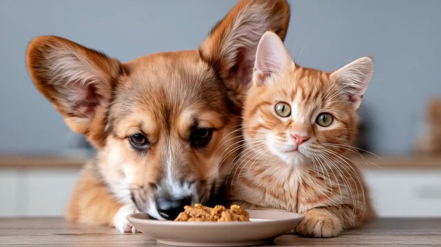 Corgi Puppy and Orange Kitten Waiting for Snacks