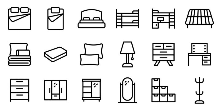 Bedroom Furniture and Nursery Line Icons Set. Bed, Crib, Mattress, Pillow, Closet, Teddy Bear, Blanket and Home Interior Vector Illustration Collection.