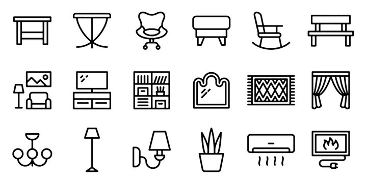 Living Room Furniture and Interior Line Icons Set. Sofa, Armchair, Fireplace, Television, Lamp, Table and Modern Home Decor Vector Illustration Collection.
