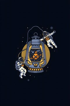 Two Astronauts Floating Around Vintage Lantern With Planet and Rocket