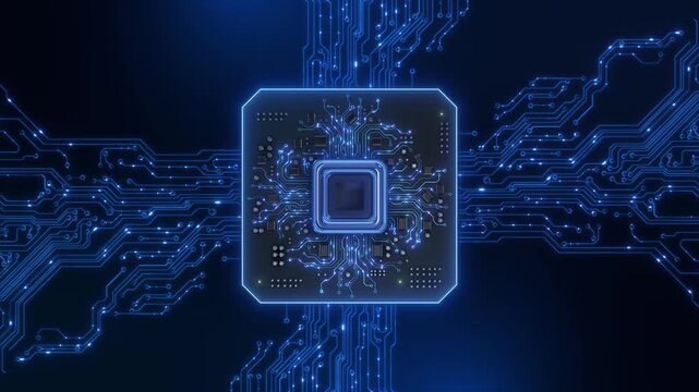 Circuitry radiates central chip square board, electronic components. Futuristic hardware animation computer presentations, software intros and digital system visuals, with space around circuit layout.