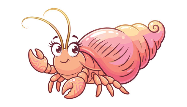 Cute pink cartoon hermit crab character with a beautiful seashell smiling isolated on white background vector illustration