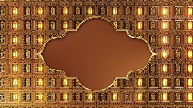 Bright gold lantern pattern scalloped central panel outlined polished metallic trim. Ornate Islamic background for Ramadan Eid greeting videos, cultural announcements festive titles, room custom text.