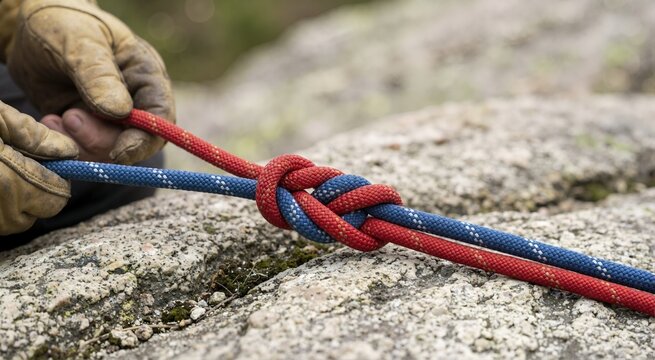 Gloved hands tying double fisherman's knot with red and blue ropes. Climbing rope connection