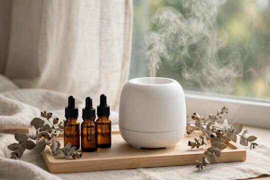 White ultrasonic aromatherapy diffuser emitting fine mist with amber essential oil bottles and dried eucalyptus on wooden tray