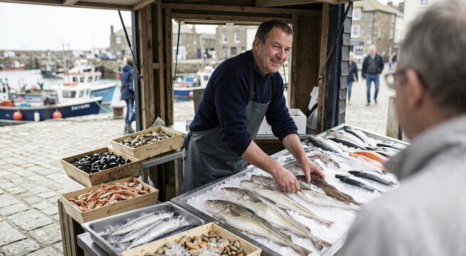 Fishmonger serving a customer at a seaside fish stall. Seafood handling and processing