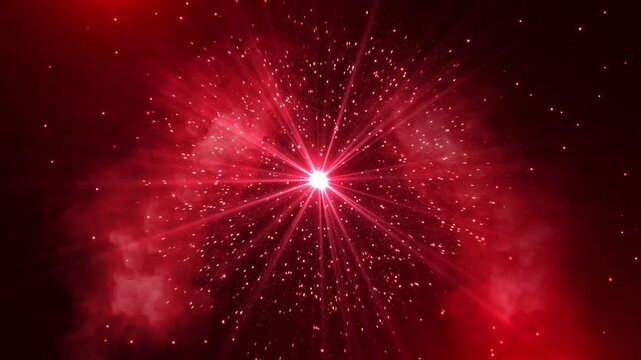Fine crimson light streaks extend central glow, smoky clouds glowing points of light. atmospheric burst offers a dramatic cosmic backdrop for titles, fantasy scenes, visual effects creative intros.