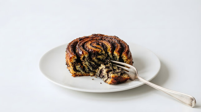 Lithuanian simtalapis or traditional yeast and poppy seeds roll cake on white plate scooped by silver fork. Lithuanian dessert, Baltic European cuisine, pastry and cake assets