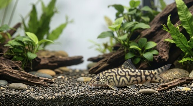 Freshwater loach fish resting on aquarium gravel. Aquarium habitat and fishkeeping