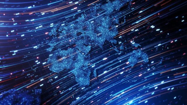 3D Continents, diagonal light lines floating numbers global information display. Digital world map data visualization, international business, network communication, analytics presentations technology