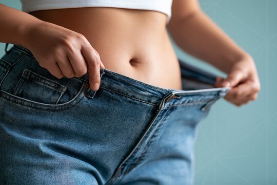 Woman pulls open oversized jeans, revealing flat stomach