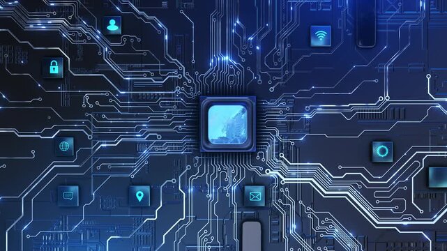 Symbols user, lock, globe, wireless signal communication circuit traces. This blue electronic background connected digital services, account security and computing infrastructure corporate content.