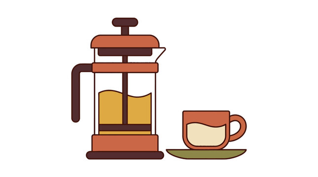 French press coffee maker and cup flat vector illustration