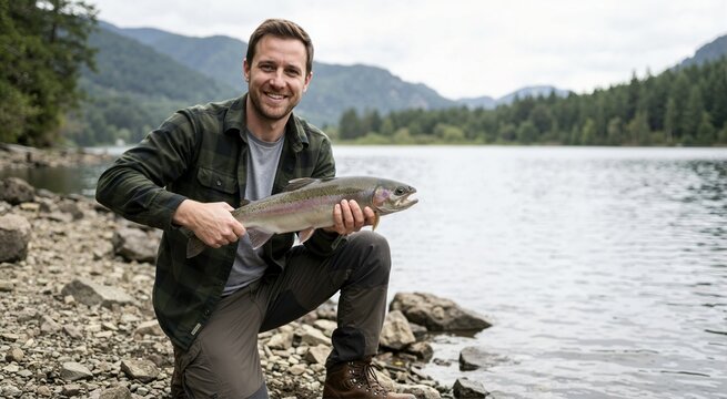 Man holding a caught fish beside a lake. Fishing work and equipment