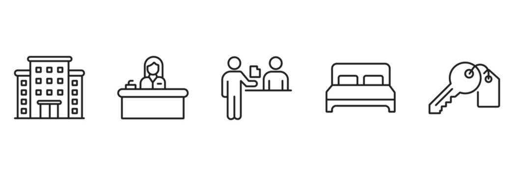 Hotel service line icon set, hospitality accommodation linear symbols, modern resort check-in icons for website design