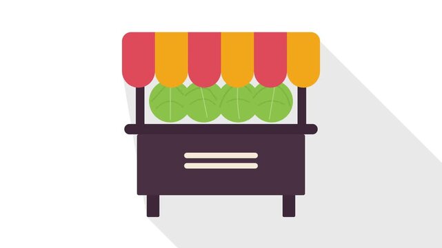 Animated flat vector fruit and vegetable market stall with bouncing fresh cabbages and 45 degree long shadow on white background.
