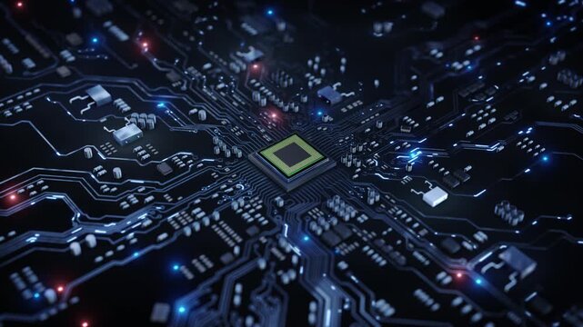 Fine circuit pathways connect a central microchip electronic components board. Cool blue highlights accents give hardware background depth for computing presentations, engineering tech explainers 3D