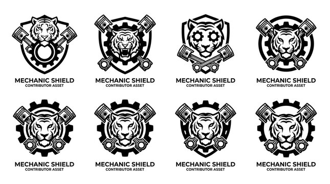 Tiger mechanic shield logo set with pistons.