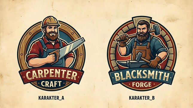 Vintage carpenter and blacksmith mascot logo emblems.